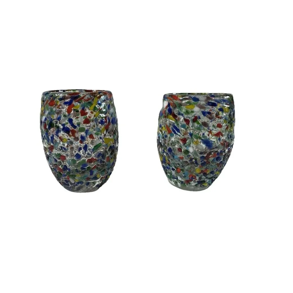 Set Of 2 Mexican Confetti Rocks Style Shot Glasses 3 Inches Colorful Handmade